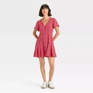 Universal Thread M Red Paisley Mini A-Line Dress Linen Blend Pockets NWT